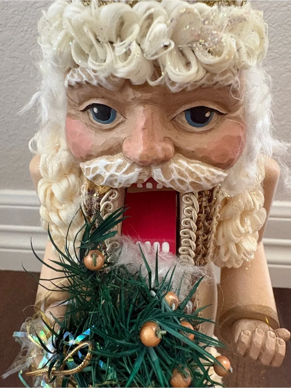 Vintage Wooden Santa Claus Nutcracker Figurine White Gold Elegant Holiday Decor